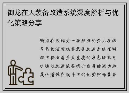 御龙在天装备改造系统深度解析与优化策略分享